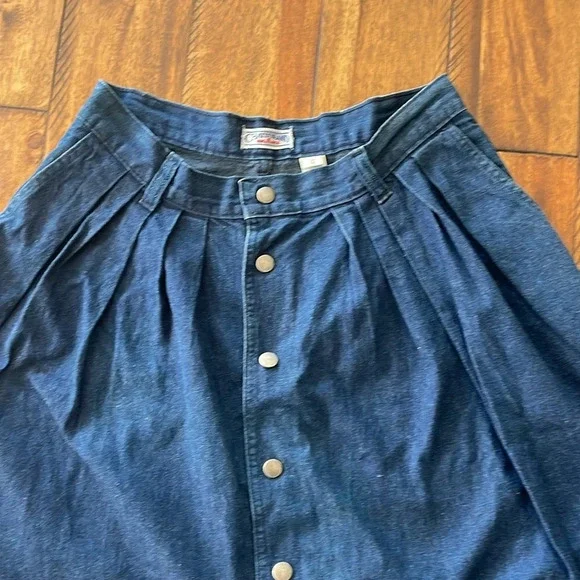 Vintage Chatts Island midi pleated blue denim jean flare skirt size 10 - Picture 2 of 13